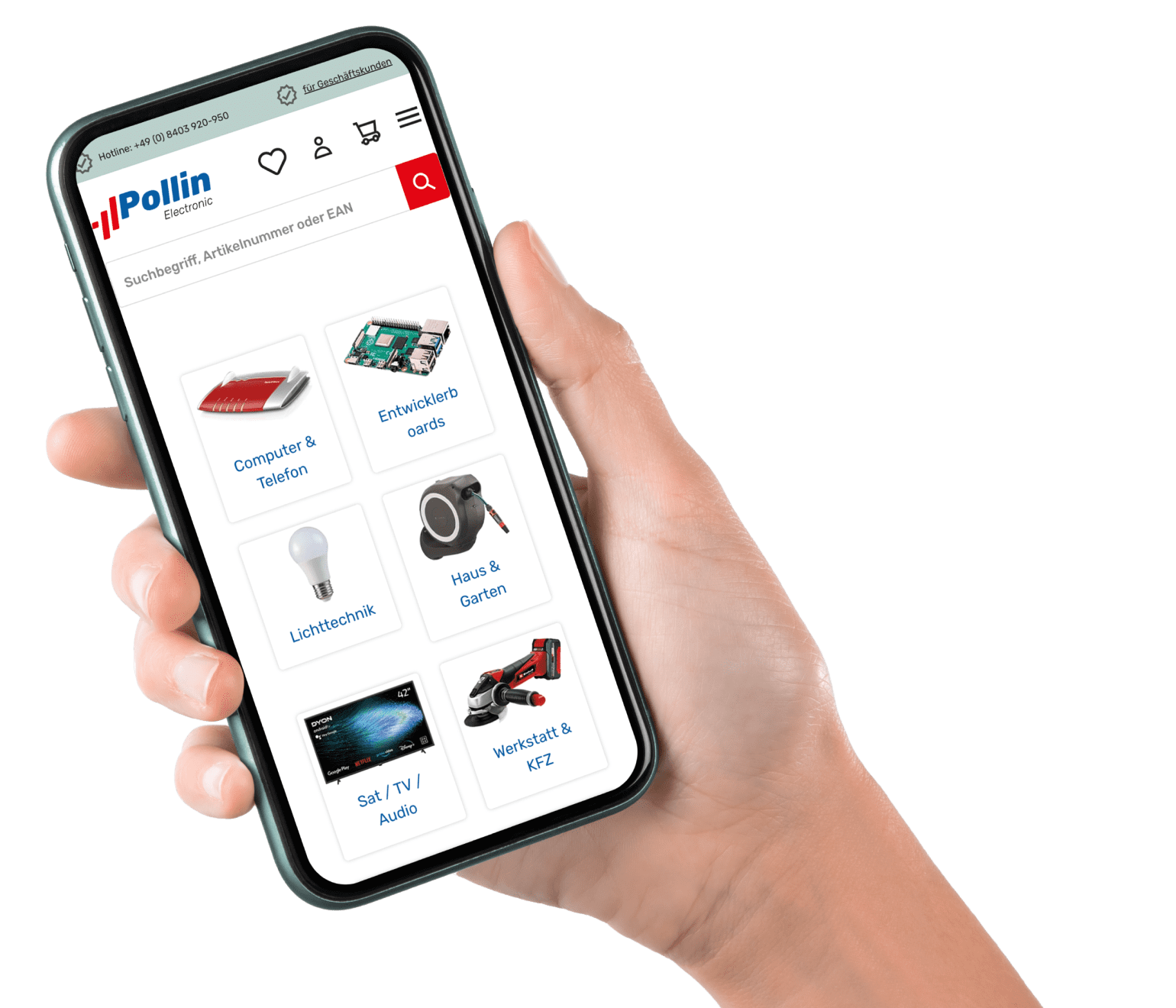 Pollin_holdinghand 1@2x Ein Smartphone zeigt die Kategorieübersicht auf der Website von Pollin Electronic, mit Auswahlmöglichkeiten für verschiedene Produktkategorien wie ‘Computer & Telefon’, ‘Lichttechnik’, ‘Haus & Garten’ und ‘Werkstatt & KFZ’.