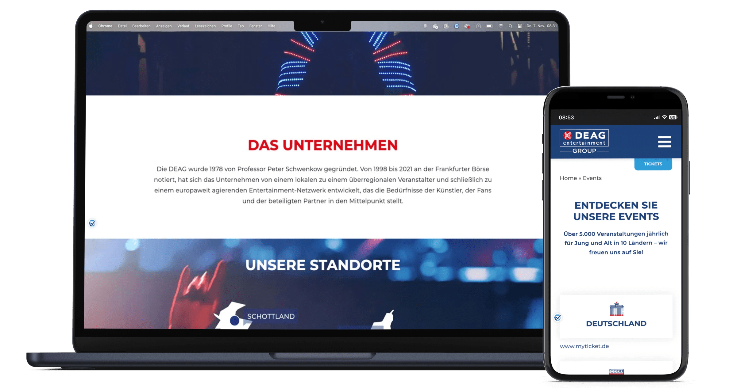 deag_mockup@2x Ein Laptop und ein Smartphone zeigen die Webseite der DEAG Entertainment Group. Auf dem Laptop ist die Seite ‘Das Unternehmen’ sichtbar, mit einer kurzen Beschreibung zur Geschichte und Entwicklung der DEAG. Auf dem Smartphone wird die Event-Seite angezeigt, mit dem Text ‘Entdecken Sie unsere Events’ und einer Übersicht zu Veranstaltungen in verschiedenen Ländern.