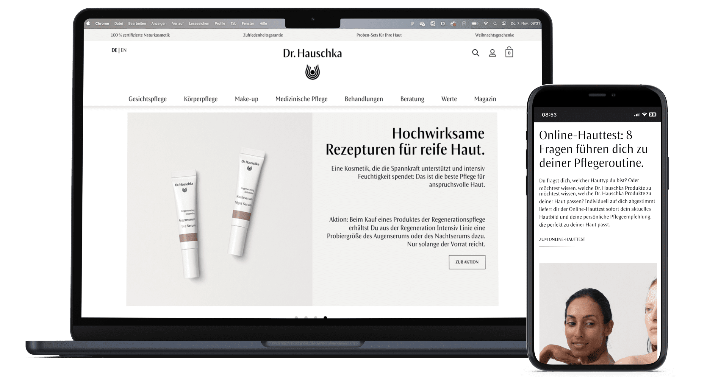 Ein Laptop und ein Smartphone zeigen die Webseite von Dr. Hauschka. Auf dem Laptop ist ein Abschnitt mit zwei Tuben von Dr. Hauschka Produkten zu sehen, darunter der Text ‘Hochwirksame Rezepturen für reife Haut’. Auf dem Smartphone ist die Seite für den Online-Hauttest sichtbar, mit dem Titel ‘Online-Hauttest: 8 Fragen führen dich zu deiner Pflegeroutine’.