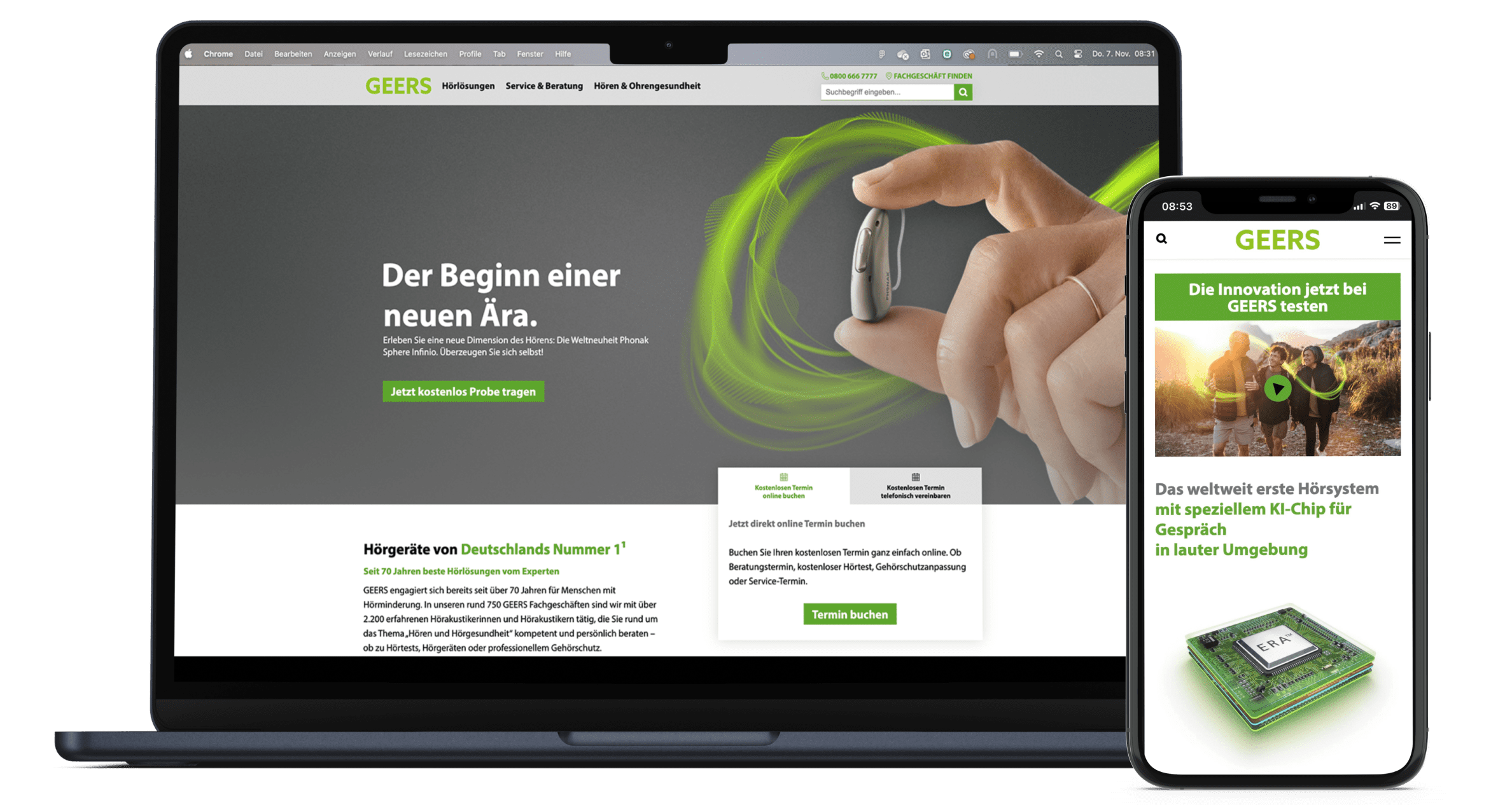 geers_mockup@2x Ein Laptop und ein Smartphone zeigen die Webseite von GEERS. Auf dem Laptop ist die Startseite mit einer Produktneuheit, dem Phonak Sphere Infinio Hörgerät, zu sehen. Es wird der Slogan ‘Der Beginn einer neuen Ära’ angezeigt, zusammen mit einem Button, der zu einer kostenlosen Probe des Produkts führt. Auf dem Smartphone wird das weltweit erste Hörsystem mit speziellem KI-Chip für Gespräche in lauter Umgebung vorgestellt, mit einem Bild des KI-Chips und einer kurzen Beschreibung.