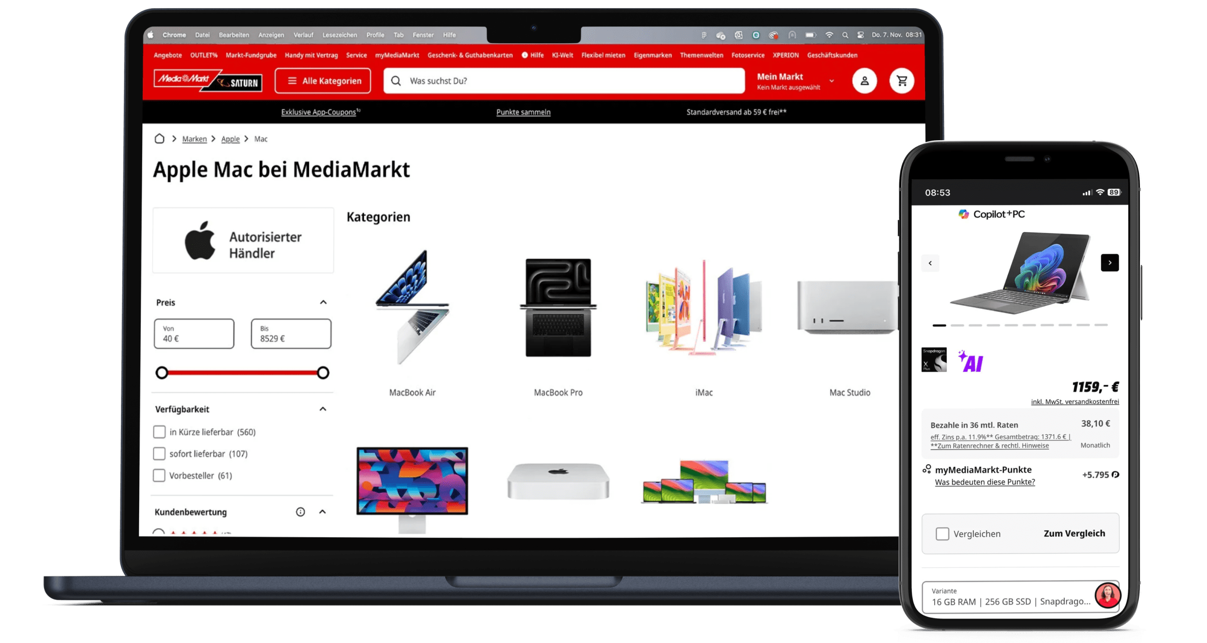 media-markt-saturn_mockup@2x Ein Laptop und ein Smartphone zeigen die Webseite von MediaMarkt. Auf dem Laptop ist die Produktübersicht für Apple Mac Produkte zu sehen, einschließlich verschiedener MacBook-Modelle, iMac und Mac Studio. Auf dem Smartphone wird ein Copilot+PC Produkt angezeigt, das für 1159 € verkauft wird, mit der Möglichkeit zur Ratenzahlung und einer Anzeige für myMediaMarkt-Punkte.