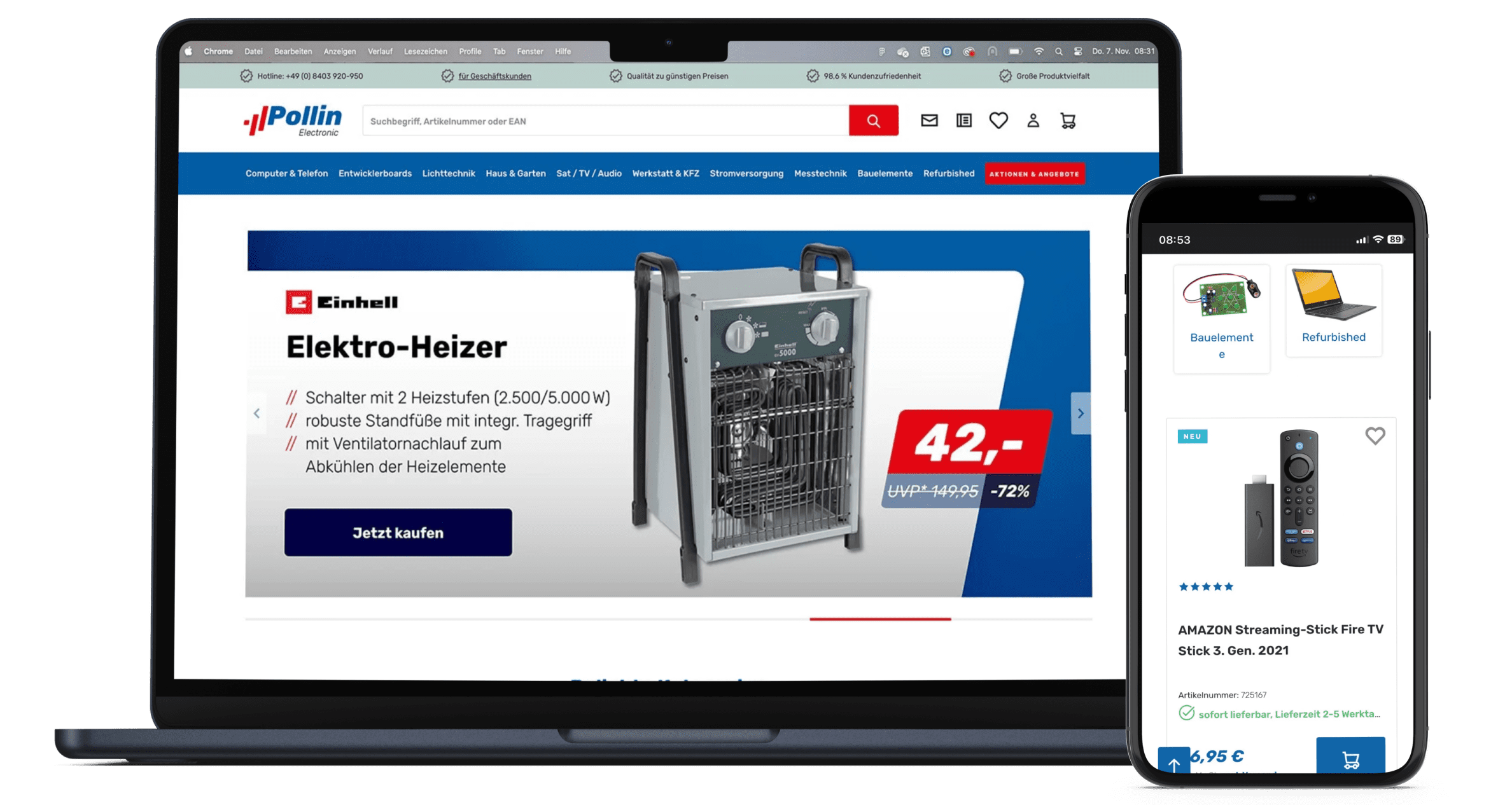 pollin_mockup@2x Auf dem Bild ist die Startseite der Webseite von Pollin Electronic sowohl auf einem Laptop als auch auf einem Smartphone zu sehen. Auf dem Laptop ist ein Angebot für den Elektro-Heizer von Einhell zu sehen, während auf dem Smartphone der Amazon Fire TV Stick der 3. Generation für 6,95 € gezeigt wird, der sofort lieferbar ist.