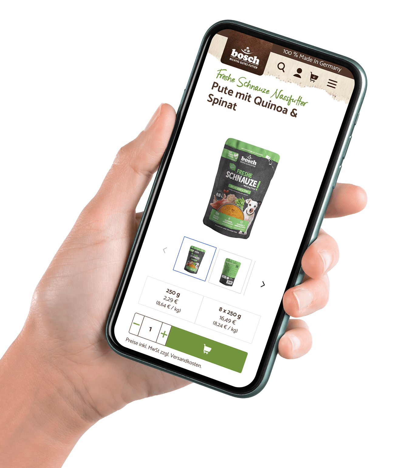 bosch_holdinghand_left 1@2x Ein Smartphone in der Hand zeigt ein Produkt auf der Webseite von bosch Tiernahrung